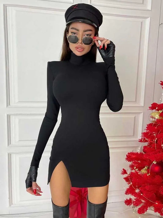 Women Spring Autumn Long Sleeve Bodycon Solid Color Black Slim Package Hip Mini Dress