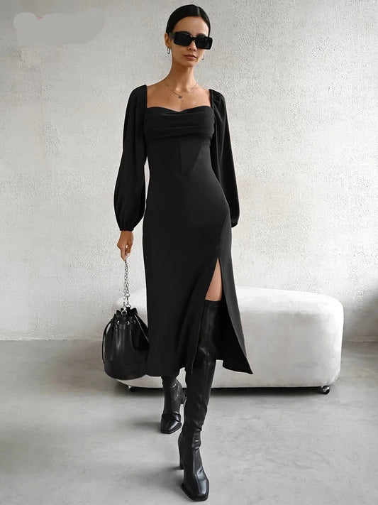 Elegant Green Square Collar Long Dress 2024 Black Sexy High Waist Split Dresses Women Spring 100% Polyester A Line Dress