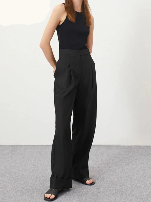 Black Pleated Palazzo Pants Women Spring High Waist Casual Trousers