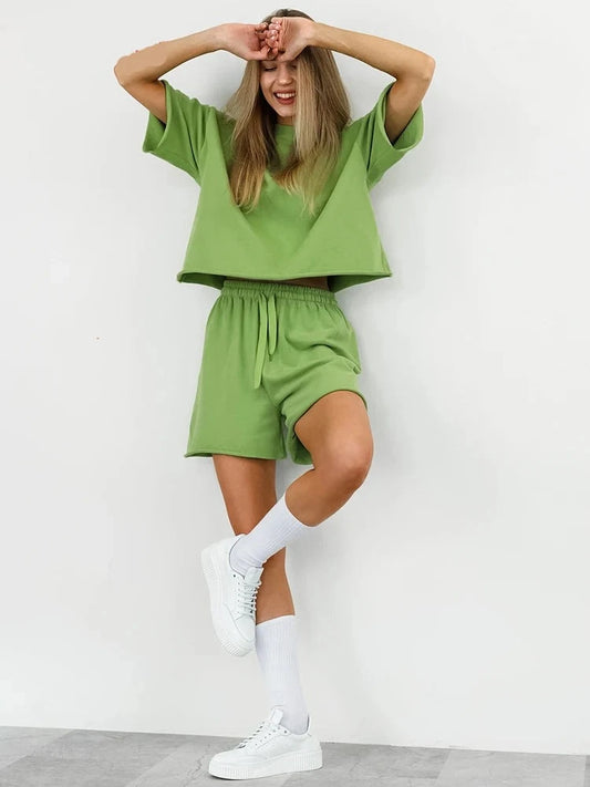 Fashion Green Sport Shorts Suits Spring Casual Loose O Neck T Shirts Drawstring Shorts 2 Piece Sets Basic Outfit Women 2024