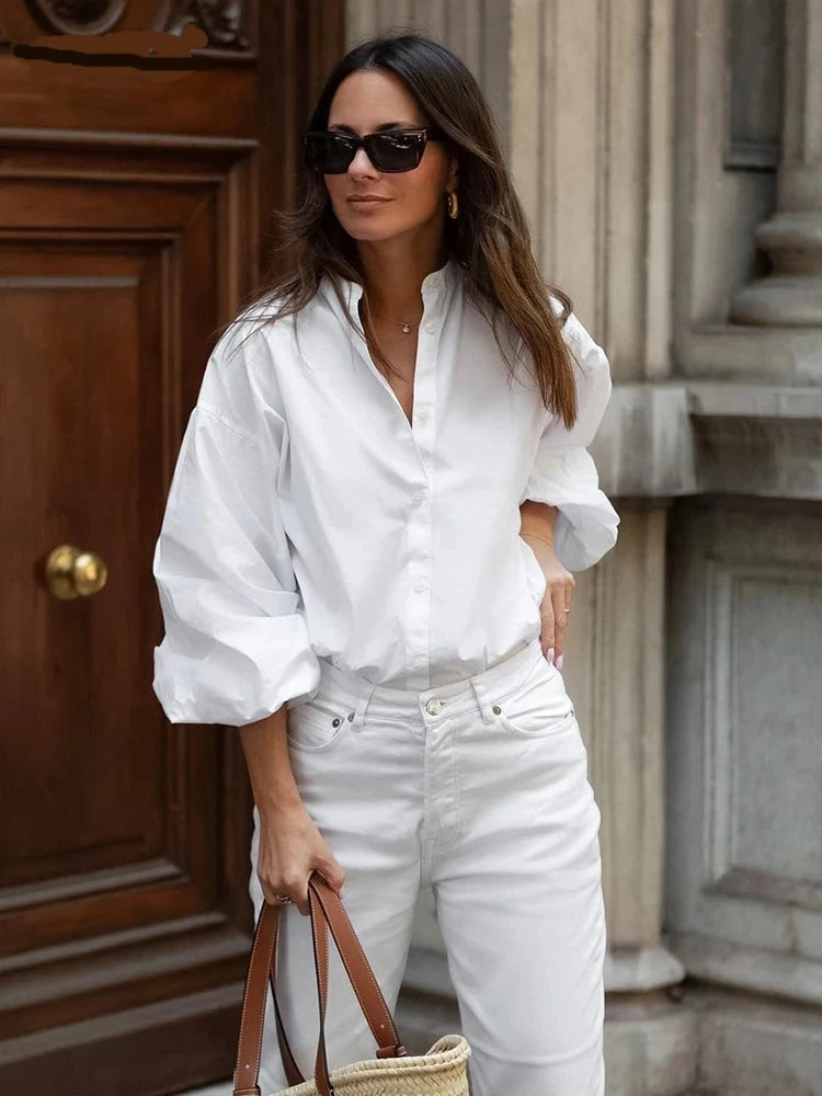 Street White Lantern Sleeve Blouse Office Cotton Stand Collar Shirts Female Fashion Casual Long Sleeve Button Up Tops 2024