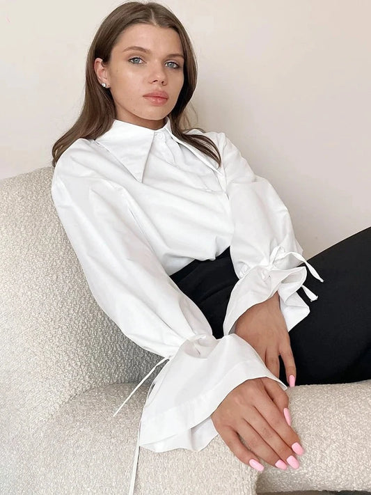 Lady Lace Up White Women Blouse Elegant Turn-Down Collar Long Sleeve Shirt