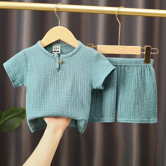 0-5Y Boys Girls Clothing Sets Summer Solid Cotton Linen T-shirts+Elasctic Shorts Kids Clothes Casual Clothing Sets for Children