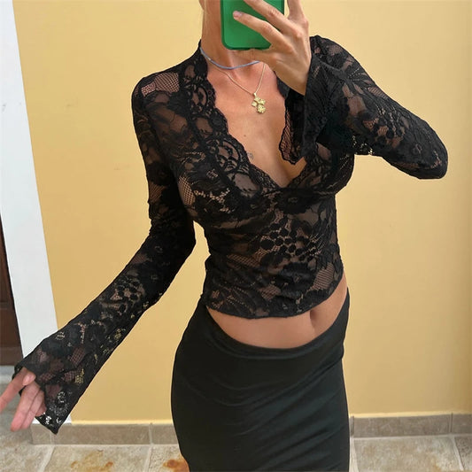 Lace Top Women Sexy Clothing See Through Deep V Neck Flared Long Sleeve T Shirts Party Clothes Clubwear