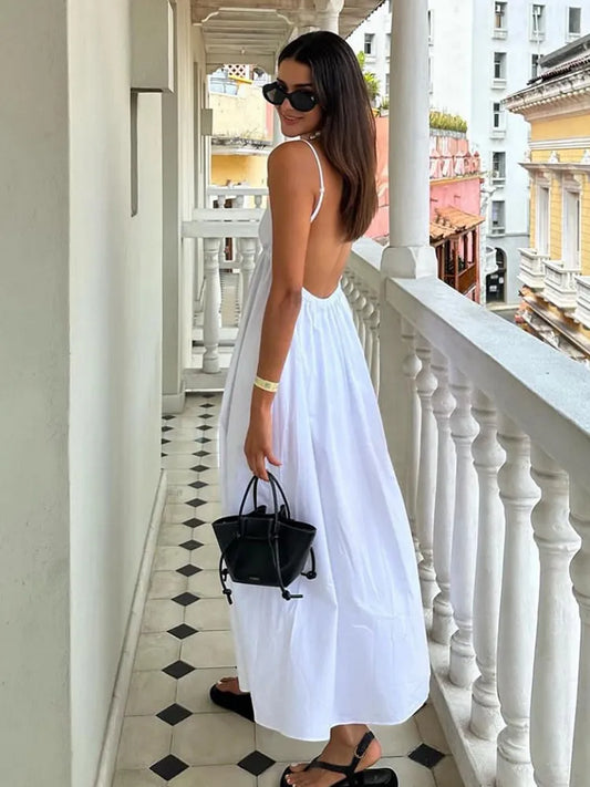 Backless Midi Dress Sleeveless V Neck Dress Causal Loose Beach Dress Holiday White Long Dress