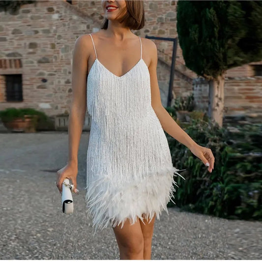 New Tassel Sequins Feather Mini Dress Women Spaghetti Strap Stitching Dresses