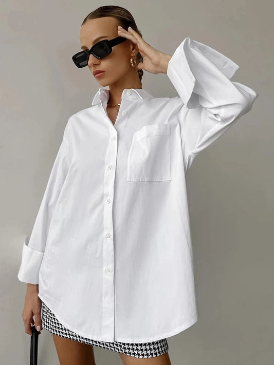 Office White Turn Down Collar Tops Women Casual Cotton  Button Up Shirt Female 2023 Basics Loose Long Sleeve Woman Blouses