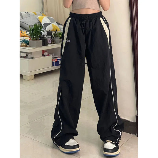 Women's Retro Solid Loose Drawstring Trousers Casual Joggers Baggy Wide Leg Y2k Female Pants
