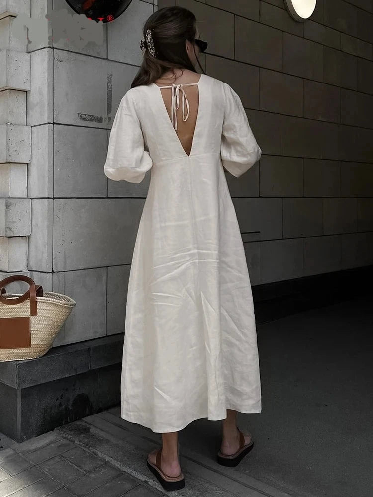 Sexy V Neck Backless Long Dresses Summer Beige Puff Three Quarter Sleeve Dress Cotton Linen Casual Dress Women 2024 Robe