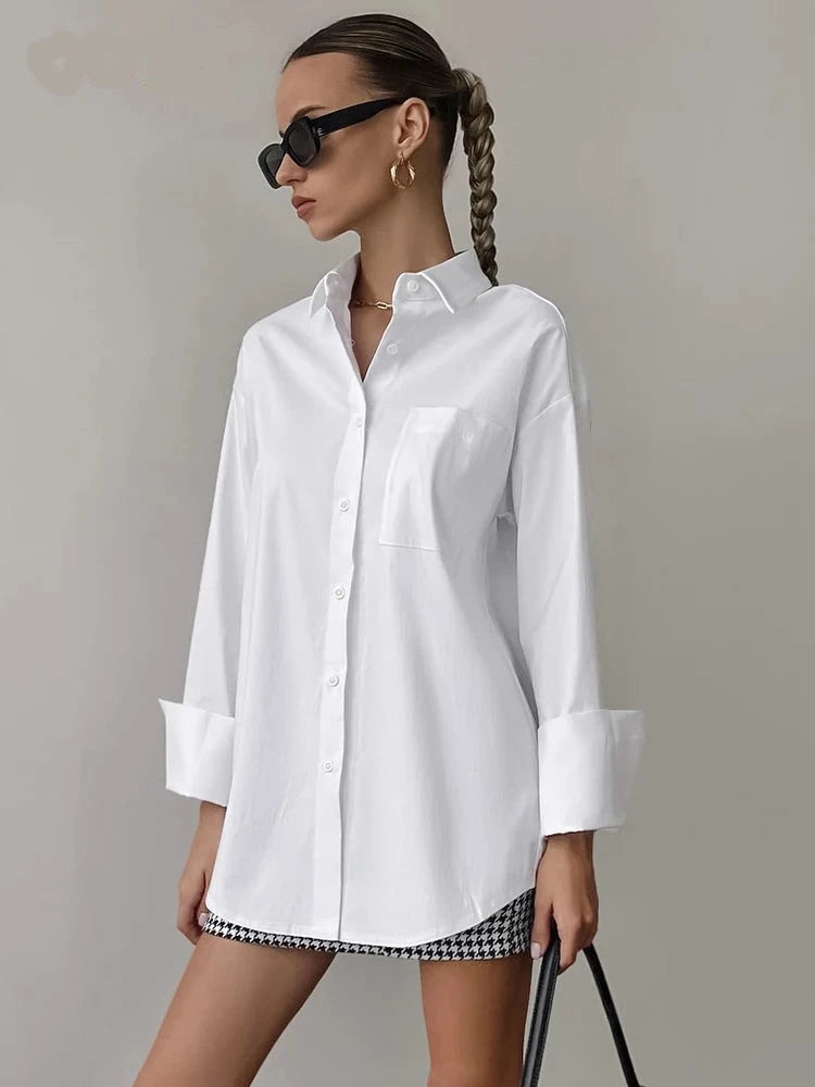 Office White Turn Down Collar Tops Women Casual Cotton  Button Up Shirt Female 2023 Basics Loose Long Sleeve Woman Blouses