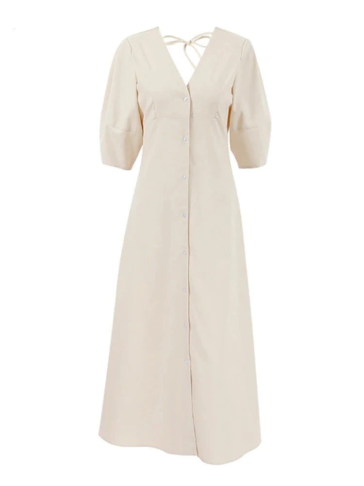 Sexy V Neck Backless Long Dresses Summer Beige Puff Three Quarter Sleeve Dress Cotton Linen Casual Dress Women 2024 Robe