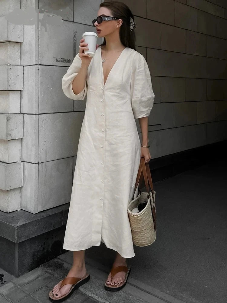 Sexy V Neck Backless Long Dresses Summer Beige Puff Three Quarter Sleeve Dress Cotton Linen Casual Dress Women 2024 Robe