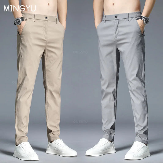 Spring Summer Casual Pants Men Thin Stretch Slim Fit Elastic Waist Business Classic Korean Trousers Male Khaki Gray 38