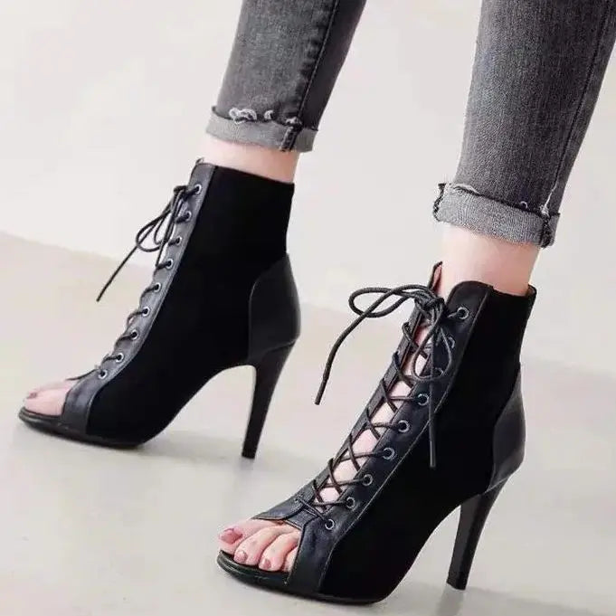 Sandals Hollowed Mesh Heels Belt Buckle Women's Summer Beige Lace-up Sexy Open Toe Boots Stiletto Jazz Dance Party Ladies Shoes