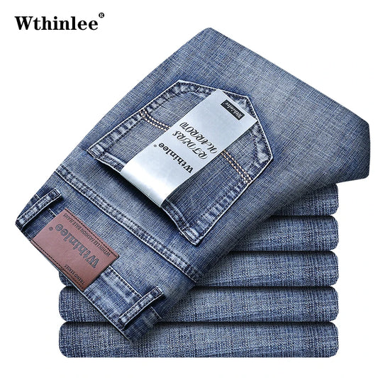 Business Men's Jeans Casual Straight Stretch Fashion Classic Blue Work Denim Trousers Male