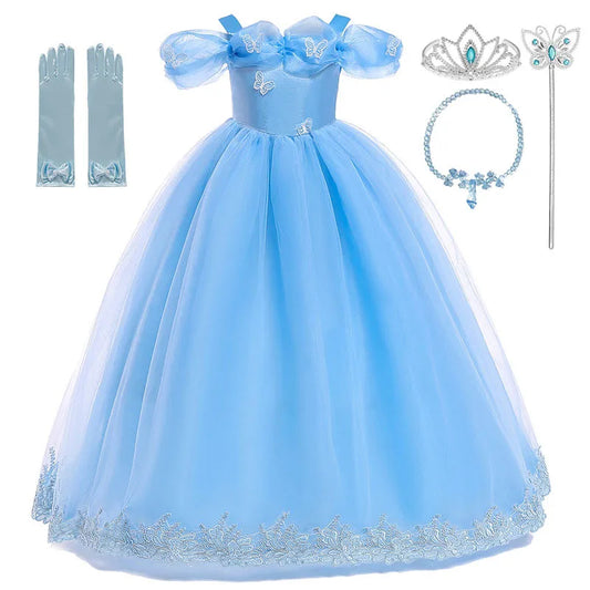 Girls Cinderella Dress up Costume With Butterflies Kids Blue Sleeveless Princess Party Dress Children Cosplay Dresses