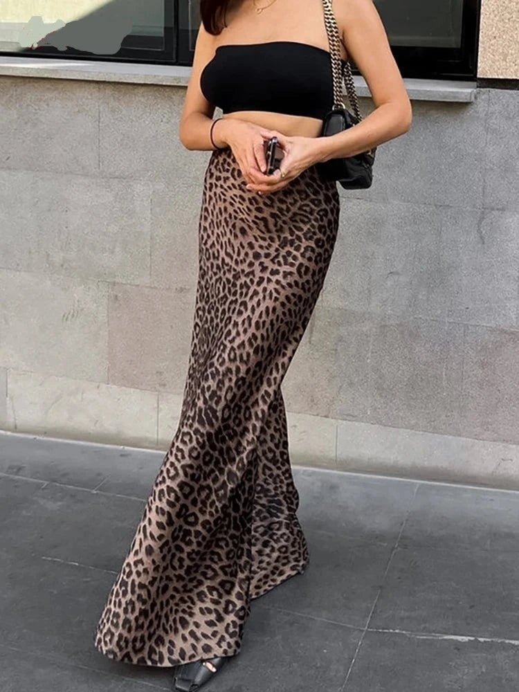 Vintage Leopard Print Trumpet Skirts 2024 Street Chic High Waist Long Skirt Autumn Office Slim Zipper Skirts Women