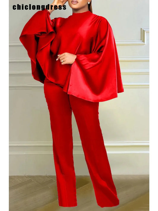 Fashion Satin Two Piece Set Women Elegant Solid  Loose Batwing Sleeves Top Wide Leg Pants