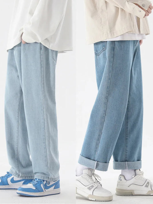 New Korean Fashion Men's Casual Ankle-Length Jeans Classic Man Straight Denim Wide-leg Pants Light Blue Grey Black 3XL