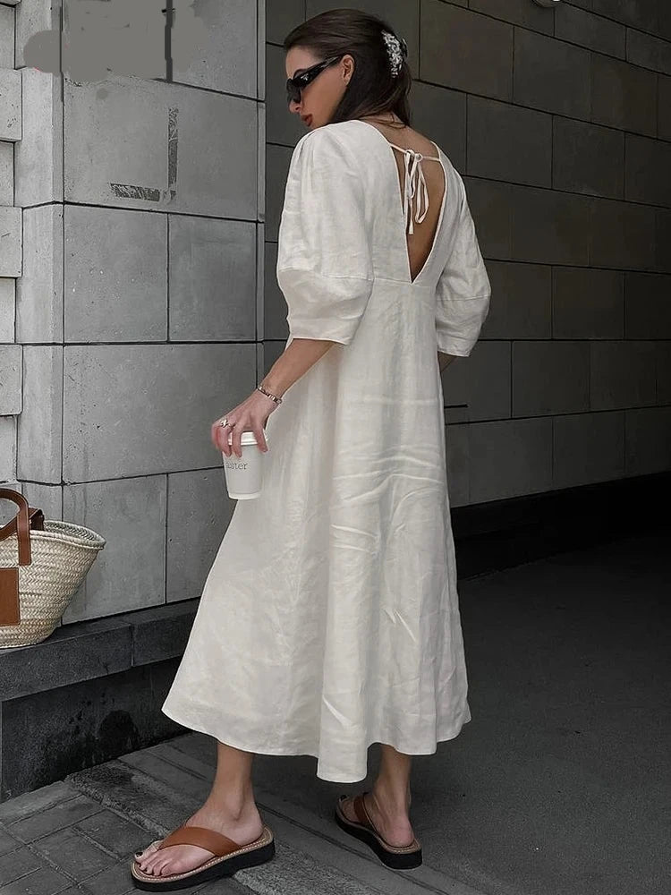 Sexy V Neck Backless Long Dresses Summer Beige Puff Three Quarter Sleeve Dress Cotton Linen Casual Dress Women 2024 Robe