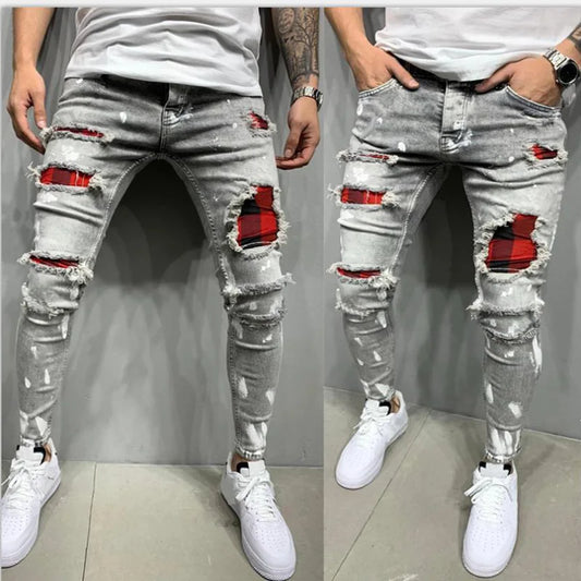 High Quality Hole European and American Fashion Streetwear Ripped Skinny Jeans Men Biker Slim Elastic Denim Cargo Pants Joggers