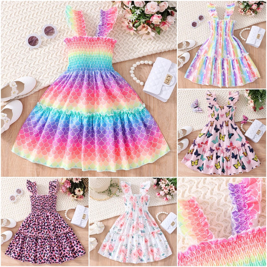 2024 Summer Dress Kids Girl Clothes Mermaid Butterfly Rainbow Short Sleeve Birthday Party Baby Girls Dresses 1 2 3 4 5 6 7 Years